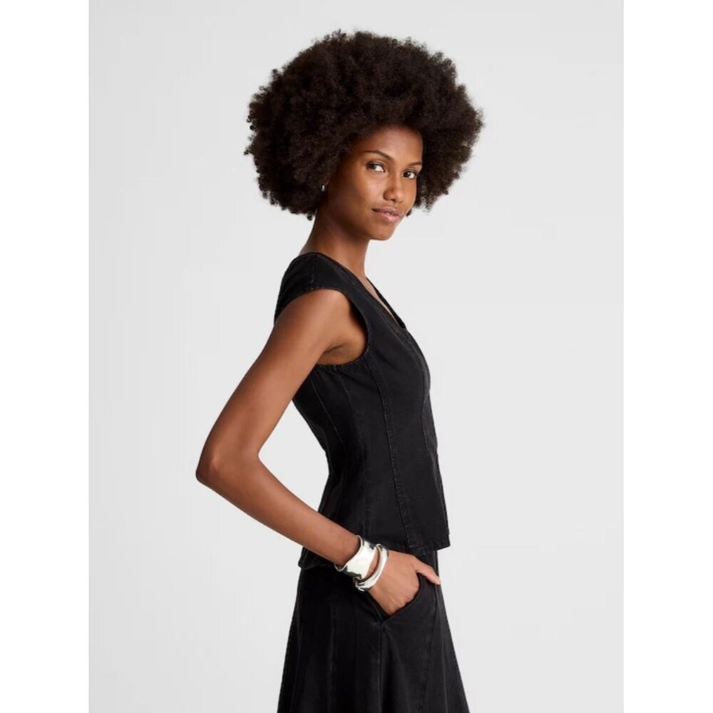 Madewell Airy Denim Seamed Scoopneck Top Size 00 Black - Picture 2 of 8